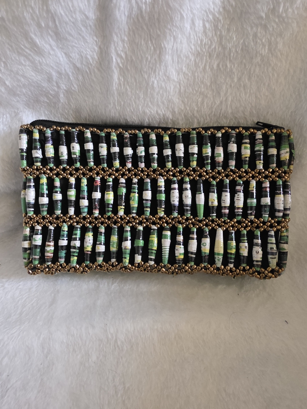 Handmade Recycled Paper Bead Clutch | Eco-Friendly Upcycled Zippered Cosmetic Ba